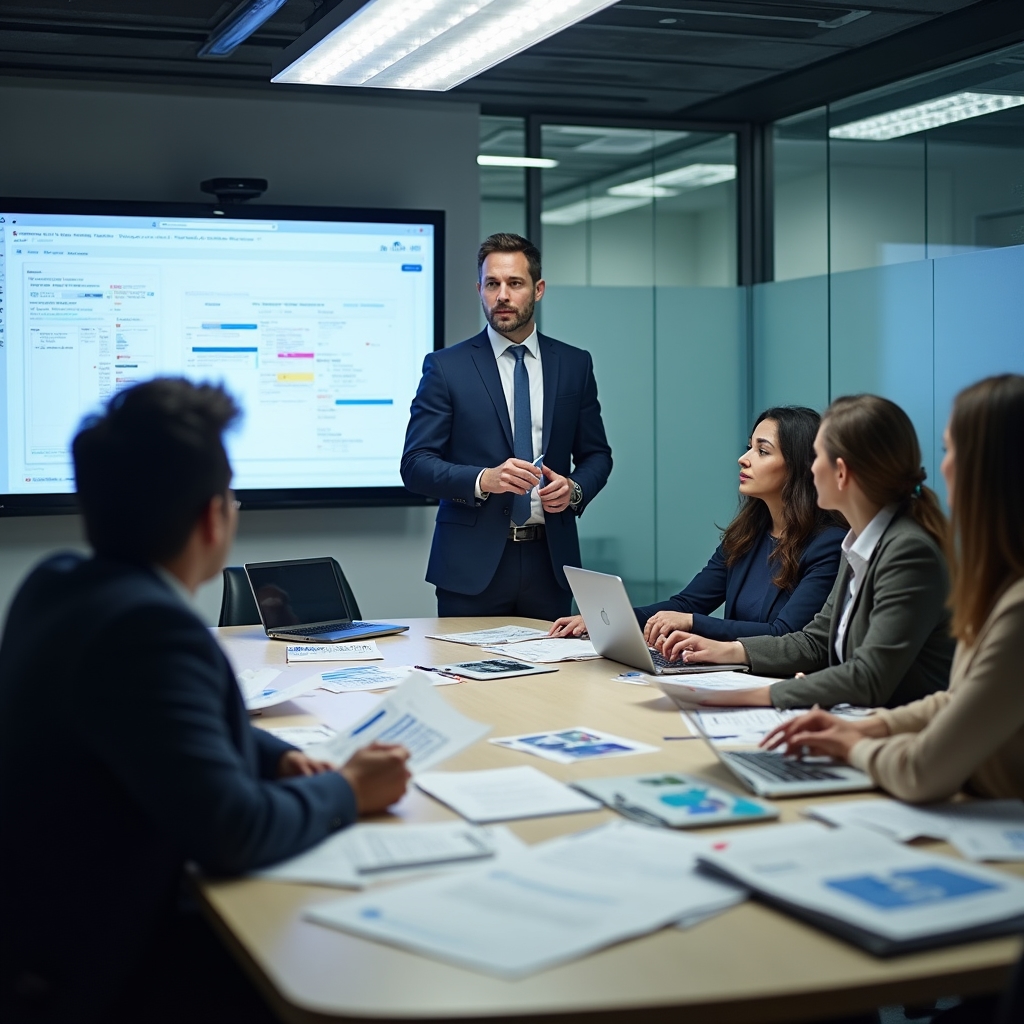 Compliance team gathered around conference table reviewing regulatory documents and digital asset exchange procedures