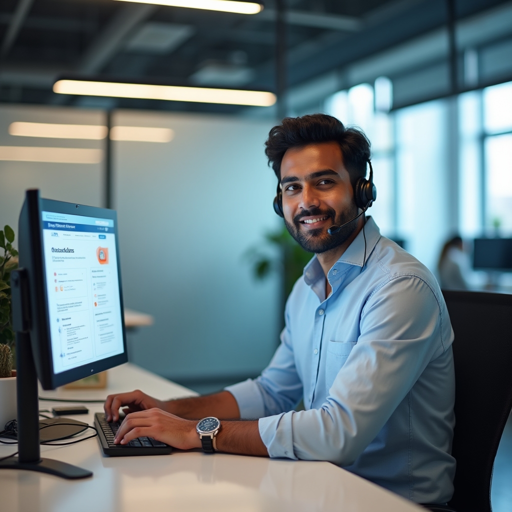 Customer support specialist at desk with dual monitors assisting BlueMesa Exchange account holders with verification questions