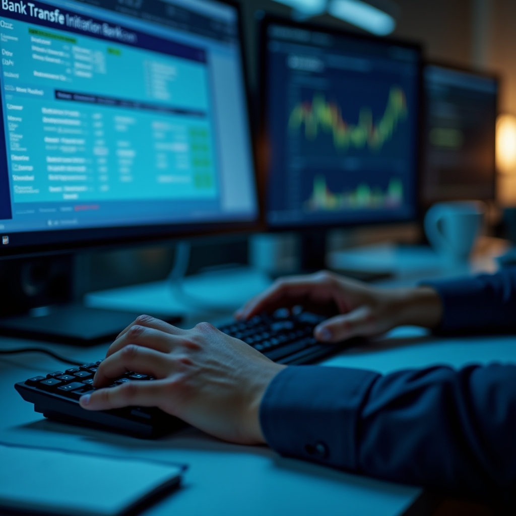 Close-up of hands typing on keyboard initiating a bank transfer to fund a crypto exchange account