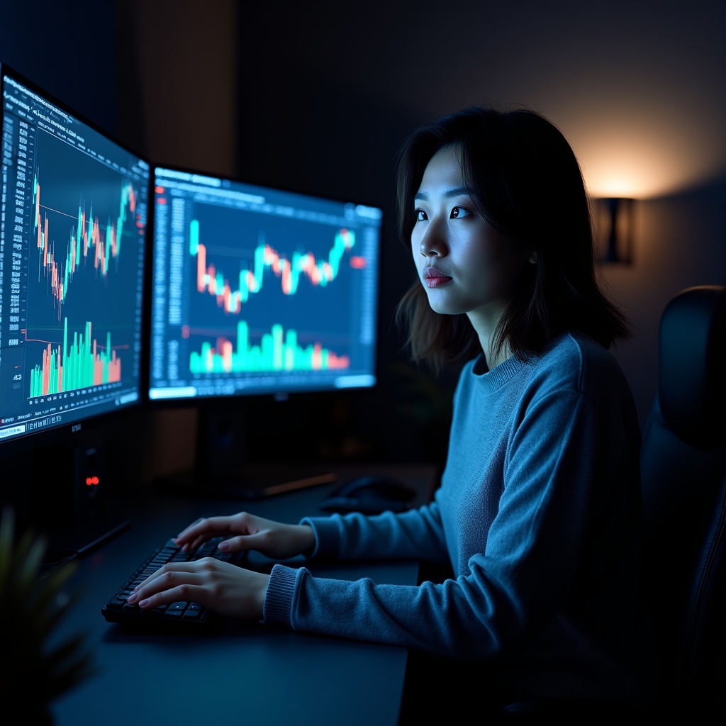 Over-the-shoulder view of trader viewing live cryptocurrency market data on multiple monitors